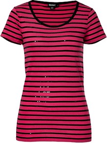 Black/Magenta Flaunt Sequined Stripe Cotton T Shirt - neckline: round neck; pattern: horizontal stripes; style: t-shirt; predominant colour: hot pink; secondary colour: black; occasions: casual, evening; length: standard; fibres: cotton - 100%; fit: body skimming; sleeve length: short sleeve; sleeve style: standard; texture group: cotton feel fabrics; trends: striking stripes; pattern type: fabric; pattern size: standard; embellishment: sequins
