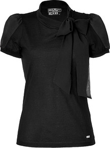 Black Cotton/Silk Tie Neck Top - pattern: plain; neckline: pussy bow; predominant colour: black; occasions: evening, work; length: standard; style: top; fibres: silk - mix; fit: body skimming; sleeve length: short sleeve; sleeve style: standard; texture group: silky - light; pattern type: fabric