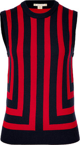 Navy/Red Striped Sleeveless Cashmere Top - pattern: vertical stripes; sleeve style: sleeveless; predominant colour: true red; secondary colour: navy; occasions: casual, work; length: standard; style: top; fit: straight cut; neckline: crew; fibres: cashmere - 100%; sleeve length: sleeveless; texture group: knits/crochet; trends: striking stripes; pattern type: fabric; pattern size: standard