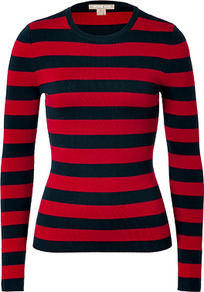 Red/Navy Striped Cashmere Pullover - pattern: horizontal stripes; style: standard; predominant colour: true red; secondary colour: navy; occasions: casual; length: standard; fit: slim fit; neckline: crew; fibres: cashmere - 100%; sleeve length: long sleeve; sleeve style: standard; texture group: knits/crochet; trends: striking stripes; pattern type: knitted - fine stitch; pattern size: standard