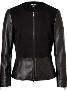 Black Leather/Cotton Jacket - pattern: plain; style: single breasted blazer; collar: round collar/collarless; fit: slim fit; predominant colour: black; occasions: casual, evening; length: standard; fibres: leather - 100%; waist detail: peplum detail at waist; sleeve length: long sleeve; sleeve style: standard; texture group: cotton feel fabrics; collar break: high; pattern type: fabric