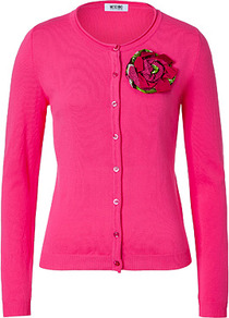 Hot Pink Cotton Cardigan With Flower Brooch - neckline: round neck; pattern: plain; bust detail: added detail/embellishment at bust; predominant colour: hot pink; occasions: casual, work, occasion; length: standard; style: standard; fibres: cotton - 100%; fit: slim fit; sleeve length: long sleeve; sleeve style: standard; texture group: knits/crochet; trends: fluorescent; pattern type: knitted - fine stitch; embellishment: corsage