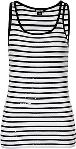White/Black Sequined Stripe Cotton Tank Top - pattern: plain; sleeve style: sleeveless; style: vest top; predominant colour: black; occasions: casual, evening, holiday; length: standard; neckline: scoop; fibres: cotton - 100%; fit: straight cut; sleeve length: sleeveless; pattern type: fabric; pattern size: standard; texture group: jersey - stretchy/drapey; embellishment: sequins