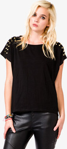 Spiked Knit Top - pattern: plain; style: t-shirt; predominant colour: black; secondary colour: black; occasions: casual, evening; length: standard; fibres: cotton - stretch; fit: straight cut; neckline: crew; shoulder detail: added shoulder detail; sleeve length: short sleeve; sleeve style: standard; texture group: knits/crochet; embellishment: studs