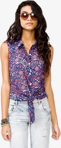 Bandana Print Chiffon Shirt - neckline: shirt collar/peter pan/zip with opening; sleeve style: sleeveless; style: shirt; waist detail: belted waist/tie at waist/drawstring; secondary colour: pink; predominant colour: navy; occasions: casual; length: standard; fibres: polyester/polyamide - 100%; fit: straight cut; sleeve length: sleeveless; texture group: sheer fabrics/chiffon/organza etc.; pattern type: fabric; pattern size: small & busy; pattern: florals