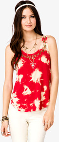 Strappy Cutout Bleached Top - sleeve style: sleeveless; bust detail: added detail/embellishment at bust; style: vest top; pattern: tie dye; predominant colour: true red; occasions: casual; length: standard; neckline: scoop; fibres: viscose/rayon - 100%; fit: body skimming; sleeve length: sleeveless; texture group: cotton feel fabrics; pattern type: fabric; pattern size: standard; embellishment: studs