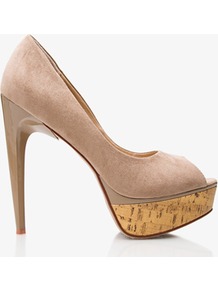 Printed Cork Peeptoe Heels - predominant colour: taupe; occasions: evening, occasion; material: suede; heel: platform; toe: open toe/peeptoe; style: courts; finish: plain; pattern: plain; heel height: very high