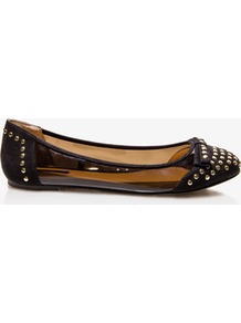 Studded Clear Ballet Flats - predominant colour: black; occasions: casual, evening; material: suede; heel height: flat; embellishment: studs; toe: round toe; style: ballerinas / pumps; finish: plain; pattern: plain; secondary colour: clear