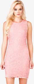 Floral Lace Sheath Dress - style: shift; length: mid thigh; neckline: round neck; fit: tailored/fitted; pattern: plain; sleeve style: sleeveless; predominant colour: pink; occasions: evening, occasion; fibres: polyester/polyamide - 100%; sleeve length: sleeveless; texture group: lace; pattern type: fabric