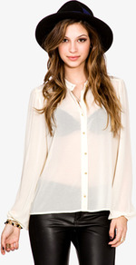 Round Collar Chiffon Shirt - pattern: plain; neckline: high neck; style: shirt; predominant colour: ivory; occasions: casual; length: standard; fibres: polyester/polyamide - 100%; fit: body skimming; sleeve length: long sleeve; sleeve style: standard; texture group: sheer fabrics/chiffon/organza etc.; pattern type: fabric