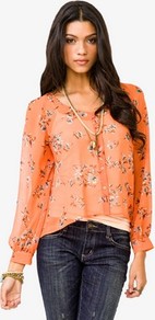 Chiffon Floral Print Shirt - neckline: round neck; style: blouse; predominant colour: bright orange; occasions: casual; length: standard; fibres: polyester/polyamide - 100%; fit: loose; sleeve length: long sleeve; sleeve style: standard; texture group: sheer fabrics/chiffon/organza etc.; trends: high impact florals; pattern type: fabric; pattern size: small & busy; pattern: florals