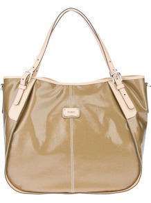 Patent Tote - predominant colour: camel; occasions: casual, evening, work; type of pattern: standard; style: tote; length: handle; size: standard; material: leather; pattern: plain, two-tone; finish: patent; embellishment: buckles