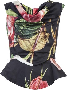 Floral Top - neckline: cowl/draped neck; sleeve style: sleeveless; waist detail: peplum waist detail; bust detail: ruching/gathering/draping/layers/pintuck pleats at bust; predominant colour: black; occasions: evening, occasion; length: standard; style: top; fibres: cotton - 100%; fit: body skimming; sleeve length: sleeveless; texture group: cotton feel fabrics; pattern type: fabric; pattern size: big & busy; pattern: florals; secondary colour: dusky pink