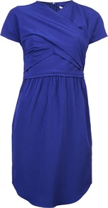 Crepe Dress - style: shift; pattern: plain; bust detail: ruching/gathering/draping/layers/pintuck pleats at bust; predominant colour: royal blue; occasions: evening, occasion; length: just above the knee; fit: body skimming; fibres: polyester/polyamide - mix; neckline: crew; sleeve length: short sleeve; sleeve style: standard; texture group: crepes; pattern type: fabric