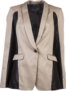 Jefferson Blazer - style: single breasted blazer; length: below the bottom; collar: standard lapel/rever collar; predominant colour: stone; secondary colour: black; occasions: evening, occasion; fit: tailored/fitted; fibres: nylon - mix; back detail: back vent/flap at back; sleeve length: long sleeve; sleeve style: standard; texture group: structured shiny - satin/tafetta/silk etc.; collar break: low/open; pattern type: fabric; pattern size: big & light; pattern: colourblock