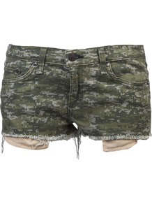 'Mila' Cut Off Short - style: shorts; pocket detail: traditional 5 pocket; length: short shorts; waist: mid/regular rise; predominant colour: khaki; secondary colour: mid grey; occasions: casual, holiday; fibres: cotton - stretch; texture group: denim; fit: slim leg; pattern type: fabric; pattern size: standard; pattern: patterned/print