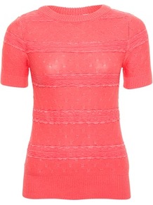 Coral Lady Lace Jumper - style: standard; predominant colour: coral; occasions: casual, work; length: standard; fibres: acrylic - mix; fit: slim fit; neckline: crew; sleeve length: short sleeve; sleeve style: standard; texture group: knits/crochet; pattern type: fabric; pattern size: small & light; pattern: patterned/print; embellishment: lace
