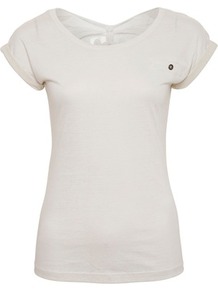 Oatmeal Crochet Back T Shirt - neckline: round neck; pattern: plain; style: t-shirt; predominant colour: ivory; occasions: casual; length: standard; fibres: cotton - 100%; fit: body skimming; sleeve length: short sleeve; sleeve style: standard; pattern type: fabric; texture group: jersey - stretchy/drapey; embellishment: embroidered