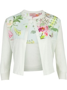 Ted Baker Dulia Wallpaper Floral Print Cardigan - neckline: round neck; length: cropped; predominant colour: pistachio; occasions: casual, evening, work, occasion, holiday; style: standard; fibres: silk - mix; fit: standard fit; shoulder detail: added shoulder detail; sleeve length: 3/4 length; sleeve style: standard; texture group: knits/crochet; pattern type: knitted - fine stitch; pattern size: small & busy; pattern: florals