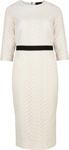 Ted Baker Araa Heavy Lace Midi Dress - style: shift; fit: tailored/fitted; pattern: plain; predominant colour: ivory; secondary colour: black; occasions: evening, occasion; length: on the knee; fibres: cotton - 100%; neckline: crew; waist detail: narrow waistband; sleeve length: half sleeve; sleeve style: standard; trends: glamorous day shifts; pattern type: fabric; texture group: broiderie anglais