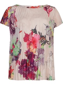 Ted Baker Shelbie Treasured Orchid Printed Top - neckline: slash/boat neckline; sleeve style: capped; secondary colour: true red; predominant colour: nude; occasions: evening, occasion, holiday; length: standard; style: top; fibres: polyester/polyamide - 100%; fit: loose; sleeve length: short sleeve; texture group: silky - light; trends: high impact florals; pattern type: fabric; pattern size: big & busy; pattern: patterned/print