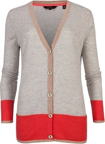 Ted Baker Evisa Colour Block Cardigan - neckline: low v-neck; length: below the bottom; bust detail: buttons at bust (in middle at breastbone)/zip detail at bust; secondary colour: true red; predominant colour: light grey; occasions: casual, work; style: standard; fit: standard fit; sleeve length: long sleeve; sleeve style: standard; texture group: knits/crochet; pattern type: knitted - fine stitch; pattern size: big & light; pattern: colourblock; fibres: viscose/rayon - mix