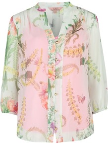 Ted Baker Kimmie Wallpaper Floral Print Blouse - style: blouse; predominant colour: pistachio; occasions: casual, evening, work; length: standard; neckline: collarstand & mandarin with v-neck; fibres: polyester/polyamide - 100%; fit: straight cut; sleeve length: 3/4 length; sleeve style: standard; texture group: sheer fabrics/chiffon/organza etc.; pattern type: fabric; pattern size: standard; pattern: florals