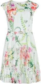 Ted Baker Perlaa Wallpaper Floral Print Dress - sleeve style: capped; waist detail: belted waist/tie at waist/drawstring; predominant colour: white; secondary colour: dark green; occasions: casual, occasion; length: just above the knee; fit: soft a-line; style: fit & flare; fibres: polyester/polyamide - 100%; neckline: crew; hip detail: sculpting darts/pleats/seams at hip; sleeve length: short sleeve; texture group: sheer fabrics/chiffon/organza etc.; pattern type: fabric; pattern size: standard; pattern: florals