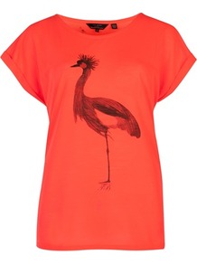 Ted Baker Dallis Bird Hop Graphic Top - neckline: round neck; sleeve style: capped; style: t-shirt; predominant colour: bright orange; secondary colour: black; occasions: casual; length: standard; fibres: polyester/polyamide - 100%; fit: straight cut; bust detail: contrast pattern/fabric/detail at bust; sleeve length: short sleeve; pattern type: fabric; pattern size: big & light; pattern: patterned/print; texture group: jersey - stretchy/drapey