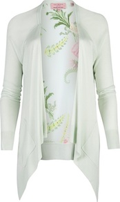 Ted Baker Cleme Wallpaper Floral Print Wrap - neckline: waterfall neck; length: below the bottom; back detail: contrast pattern/fabric at back; style: open front; predominant colour: pistachio; occasions: casual, evening, work, holiday; fibres: viscose/rayon - 100%; fit: loose; sleeve length: long sleeve; sleeve style: standard; texture group: knits/crochet; pattern type: knitted - fine stitch; pattern size: big & light; pattern: florals