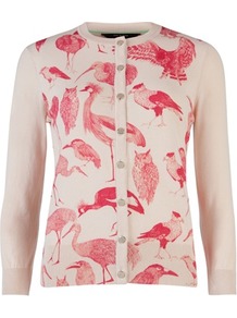 Ted Baker Fenella Bird Watching Cardigan - neckline: round neck; back detail: contrast pattern/fabric at back; bust detail: buttons at bust (in middle at breastbone)/zip detail at bust; predominant colour: ivory; secondary colour: pink; occasions: casual, evening, work, holiday; length: standard; style: standard; fibres: cotton - 100%; fit: standard fit; sleeve length: 3/4 length; sleeve style: standard; texture group: knits/crochet; pattern type: knitted - fine stitch; pattern size: big & light; pattern: patterned/print