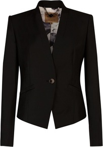 Ted Baker Tirri Shiny Suit Blazer - pattern: plain; style: single breasted blazer; collar: standard lapel/rever collar; predominant colour: black; occasions: casual, evening, work, occasion; length: standard; fit: tailored/fitted; fibres: wool - 100%; waist detail: fitted waist; sleeve length: long sleeve; sleeve style: standard; collar break: medium; pattern type: fabric; texture group: woven light midweight
