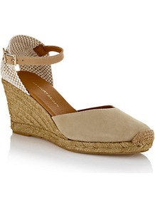 Monty Suede Espadrille Beige - secondary colour: ivory; predominant colour: stone; occasions: casual, holiday; material: suede; heel height: mid; ankle detail: ankle strap; heel: wedge; toe: round toe; style: courts; finish: plain; pattern: plain
