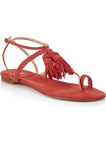 Tasselites Leather Sandal Red - predominant colour: true red; occasions: casual, holiday; material: leather; heel height: flat; embellishment: tassels; ankle detail: ankle strap; heel: block; toe: toe thongs; style: flip flops / toe post; finish: plain; pattern: plain