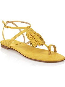 Tasselites Leather Sandal Yellow - predominant colour: yellow; occasions: casual, holiday; material: leather; heel height: flat; embellishment: tassels; ankle detail: ankle strap; heel: block; toe: toe thongs; style: flip flops / toe post; finish: plain; pattern: plain
