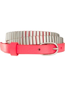 Metal Detail Belt - secondary colour: silver; predominant colour: black; occasions: casual, evening; style: classic; size: skinny; worn on: hips; material: leather; pattern: plain; finish: plain; embellishment: chain/metal