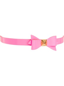 Weldon Patent Bow Belt - predominant colour: pink; occasions: evening, holiday; style: classic; size: skinny; worn on: waist; material: leather; pattern: plain; finish: patent; embellishment: bow