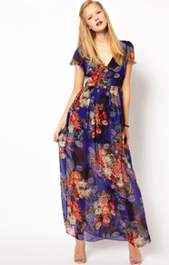 Maxi Dress In Vintage Floral Print With 70's Sleeve - neckline: low v-neck; fit: empire; style: maxi dress; length: ankle length; occasions: evening, occasion, holiday; fibres: polyester/polyamide - 100%; predominant colour: multicoloured; sleeve length: short sleeve; sleeve style: standard; texture group: sheer fabrics/chiffon/organza etc.; pattern type: fabric; pattern size: big & busy; pattern: florals