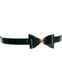 Weldon Patent Bow Belt - predominant colour: black; occasions: evening, work, holiday; style: classic; size: skinny; worn on: waist; material: leather; pattern: plain; finish: patent; embellishment: bow