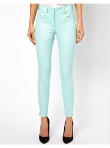 Coloured Skinny Jean - style: skinny leg; pattern: plain; pocket detail: traditional 5 pocket; waist: mid/regular rise; predominant colour: pistachio; occasions: casual, evening, holiday; length: ankle length; fibres: cotton - stretch; texture group: denim; pattern type: fabric