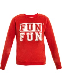 Fun Fun Sweatshirt - style: sweat top; predominant colour: true red; secondary colour: true red; occasions: casual; length: standard; fibres: cotton - mix; fit: straight cut; neckline: crew; shoulder detail: added shoulder detail; sleeve length: long sleeve; sleeve style: standard; pattern type: fabric; pattern size: big & light; pattern: patterned/print; texture group: other - light to midweight