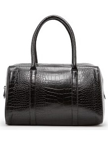 Faux Croc Bowling Bag - predominant colour: black; occasions: casual, evening, work; type of pattern: light; style: bowling; length: handle; size: standard; material: faux leather; pattern: animal print; finish: plain