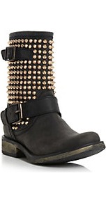 Monicaasm Steve Madden Studded Biker Boot - secondary colour: gold; predominant colour: black; occasions: casual; material: leather; heel height: mid; embellishment: studs; heel: block; toe: round toe; boot length: mid calf; style: biker boot; finish: plain; pattern: plain