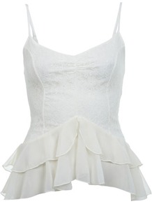 Lace Ruffle Tier Cami Top - neckline: v-neck; sleeve style: spaghetti straps; pattern: plain; style: camisole; back detail: low cut/open back; predominant colour: white; occasions: casual, evening, holiday; length: standard; fibres: polyester/polyamide - 100%; fit: body skimming; waist detail: ruffles at waist; sleeve length: sleeveless; texture group: sheer fabrics/chiffon/organza etc.; trends: sculptural frills; pattern type: fabric; embellishment: lace