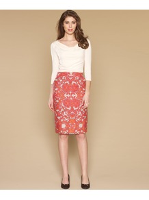 Sofra Printed Pencil Skirt - style: pencil; fit: tailored/fitted; waist: mid/regular rise; secondary colour: white; predominant colour: coral; occasions: work; length: on the knee; texture group: linen; trends: statement prints; pattern type: fabric; pattern size: standard; pattern: patterned/print; fibres: viscose/rayon - mix