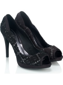 Florentina Peeptoe - predominant colour: black; occasions: evening, work, occasion; material: satin; heel height: high; heel: stiletto; toe: open toe/peeptoe; style: courts; finish: plain; pattern: patterned/print; embellishment: lace