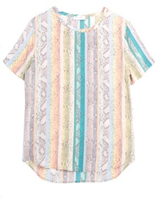 Riley Tee In Rainbow Multi - neckline: round neck; length: below the bottom; style: t-shirt; secondary colour: stone; occasions: casual, holiday; fibres: silk - 100%; fit: straight cut; predominant colour: multicoloured; sleeve length: short sleeve; sleeve style: standard; texture group: silky - light; trends: statement prints; pattern type: fabric; pattern size: standard; pattern: patterned/print