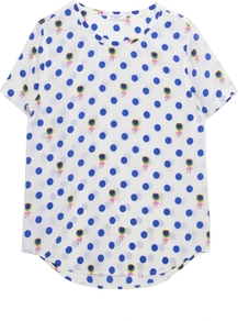 Riley Tee In Bright White - neckline: round neck; length: below the bottom; style: t-shirt; predominant colour: white; secondary colour: diva blue; occasions: casual, evening, work, holiday; fibres: silk - 100%; fit: straight cut; sleeve length: short sleeve; sleeve style: standard; texture group: silky - light; pattern type: fabric; pattern size: small & busy; pattern: patterned/print