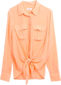 Dylan Tie Front Shirt In Peach Nectar - neckline: shirt collar/peter pan/zip with opening; pattern: plain; style: shirt; bust detail: pocket detail at bust; waist detail: belted waist/tie at waist/drawstring; predominant colour: coral; occasions: casual, work; length: standard; fibres: silk - 100%; fit: loose; sleeve length: long sleeve; sleeve style: standard; texture group: silky - light; pattern type: fabric