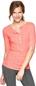 Variegated Ribbed Top - neckline: round neck; pattern: plain; bust detail: buttons at bust (in middle at breastbone)/zip detail at bust; predominant colour: pink; occasions: casual; length: standard; style: top; fibres: cotton - mix; fit: body skimming; sleeve length: half sleeve; sleeve style: standard; texture group: jersey - clingy; pattern type: fabric